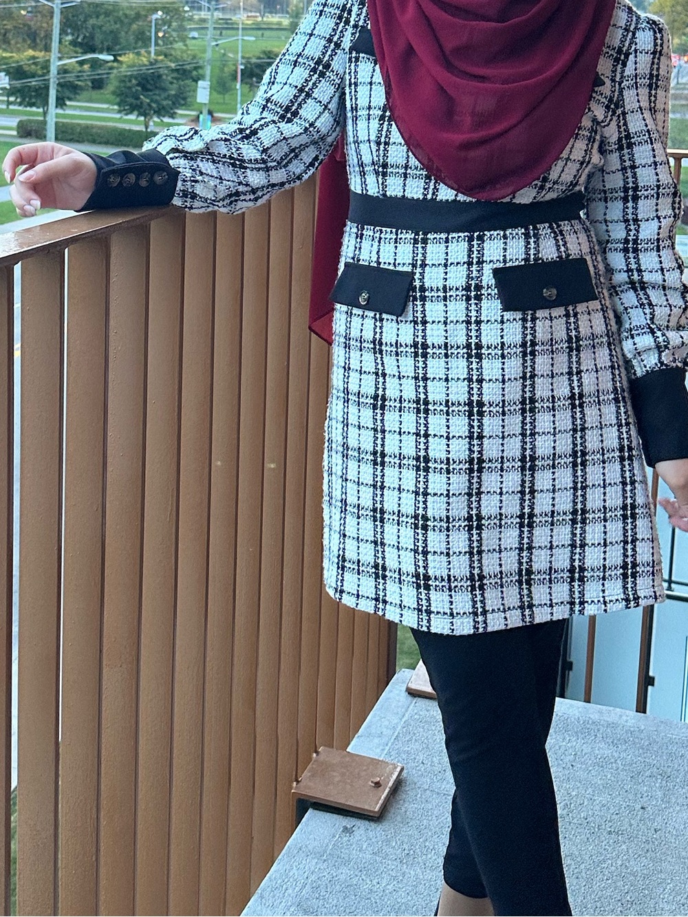 SHEIN Black & White Checked Midi Dress with Pocket Details